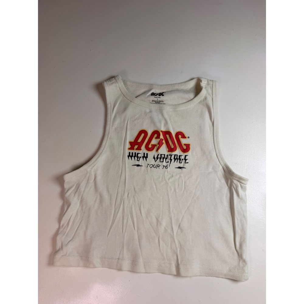 AC/DC Tank Top Women Large White Excellent High Voltage Tour 76 Graphic Crop